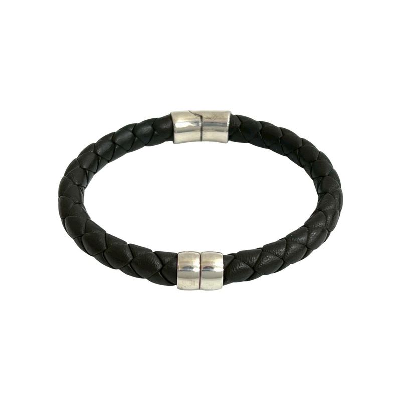 Bottega Veneta Intrecciato Leather Silver 925 Bracelet Bangle Brown 46174