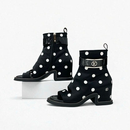 Louis Vuitton Moonlight Line Boots Short Shoes Satin Black White Dot Belt