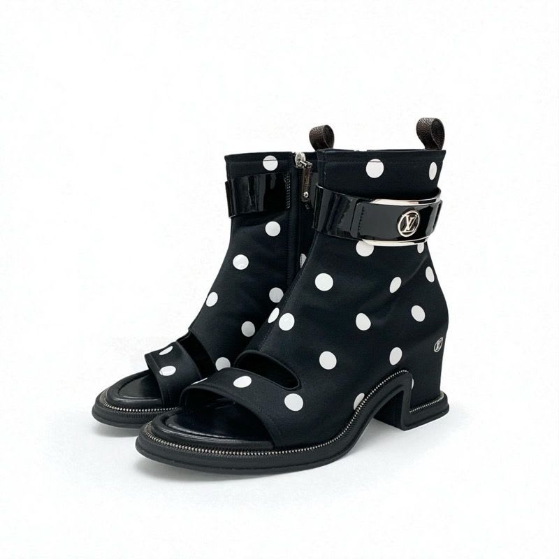 Louis Vuitton Moonlight Line Boots Short Shoes Satin Black White Dot Belt