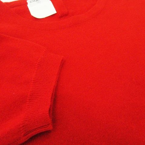 Chanel Knitted Sweater Crew Neck Short Sleeves Cashmere Logo 38 M Red Mn23