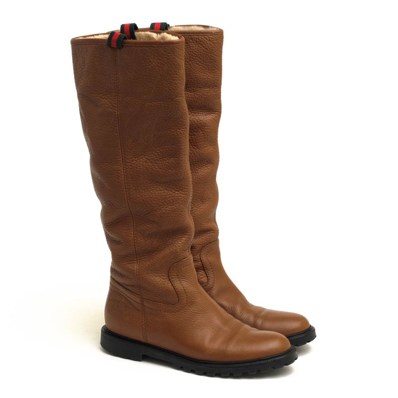 Gucci Long Boots Shoes Women Leather Genuine Brown Saint Moritz Knee High Boots