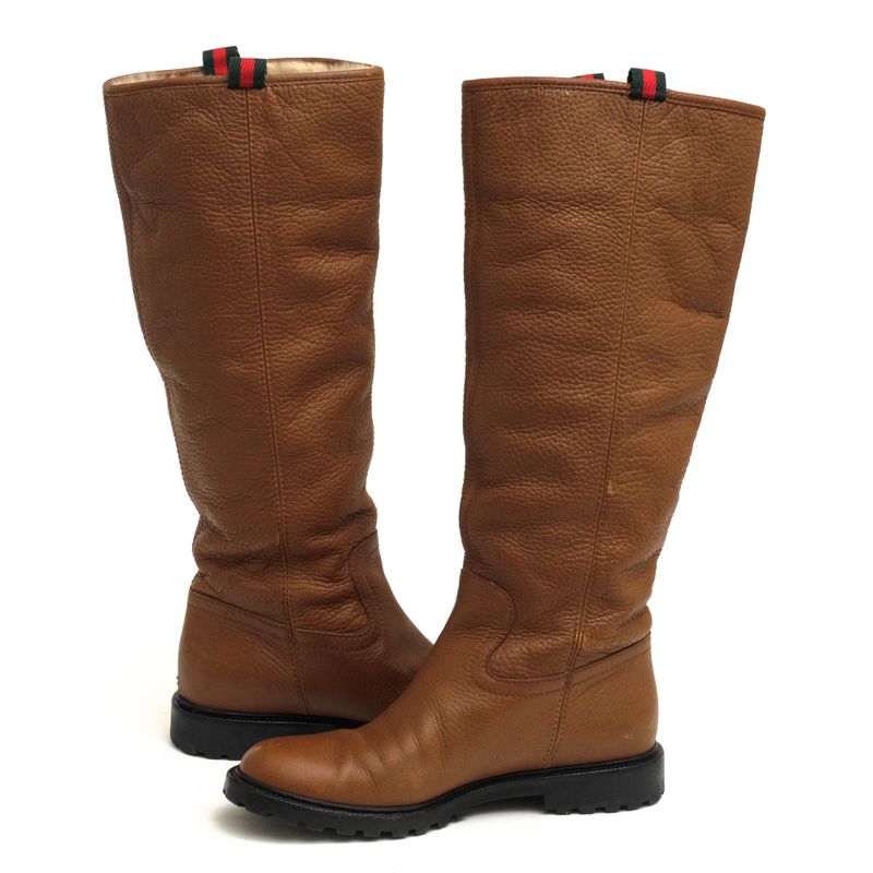 Gucci Long Boots Shoes Women Leather Genuine Brown Saint Moritz Knee High Boots