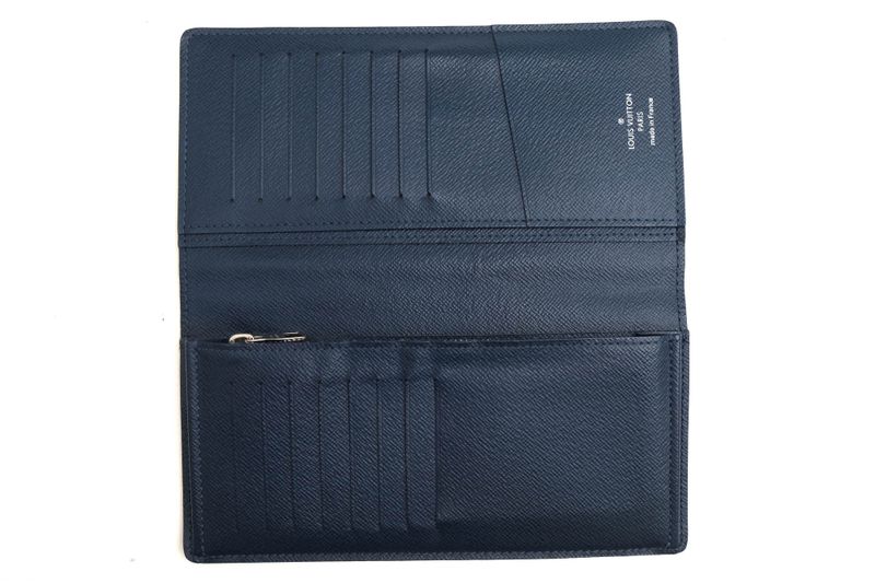 Louis Vuitton Long Wallet Men Leather Genuine Navy Portefeuille Brazza Portefeui