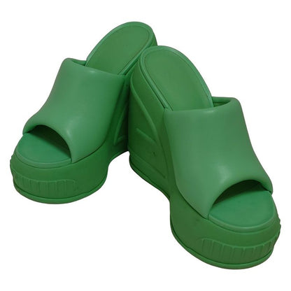 Fendi Mules 37 Women Light Green Wedge Sole Ss23 Years Leather