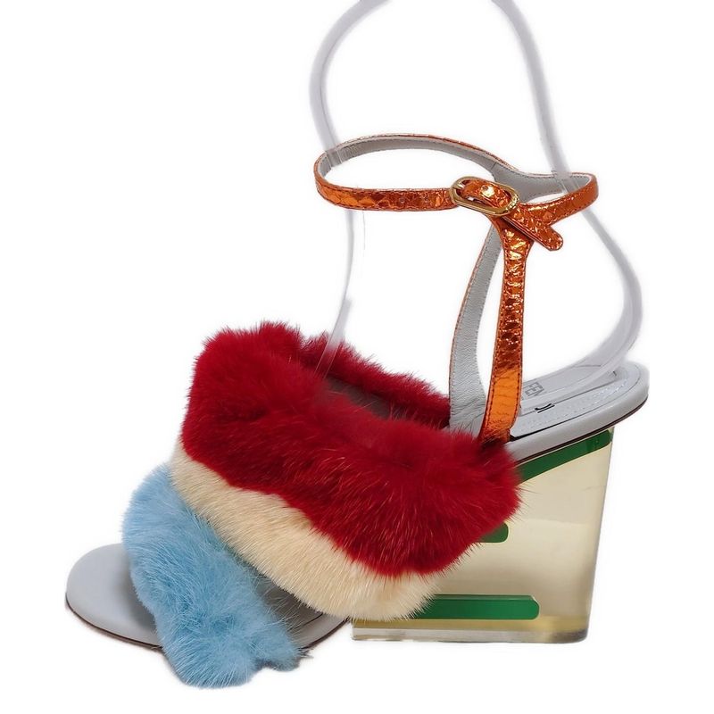 Fendi Sandals 37 Women Light Blue X Red X Multi Leather Fur