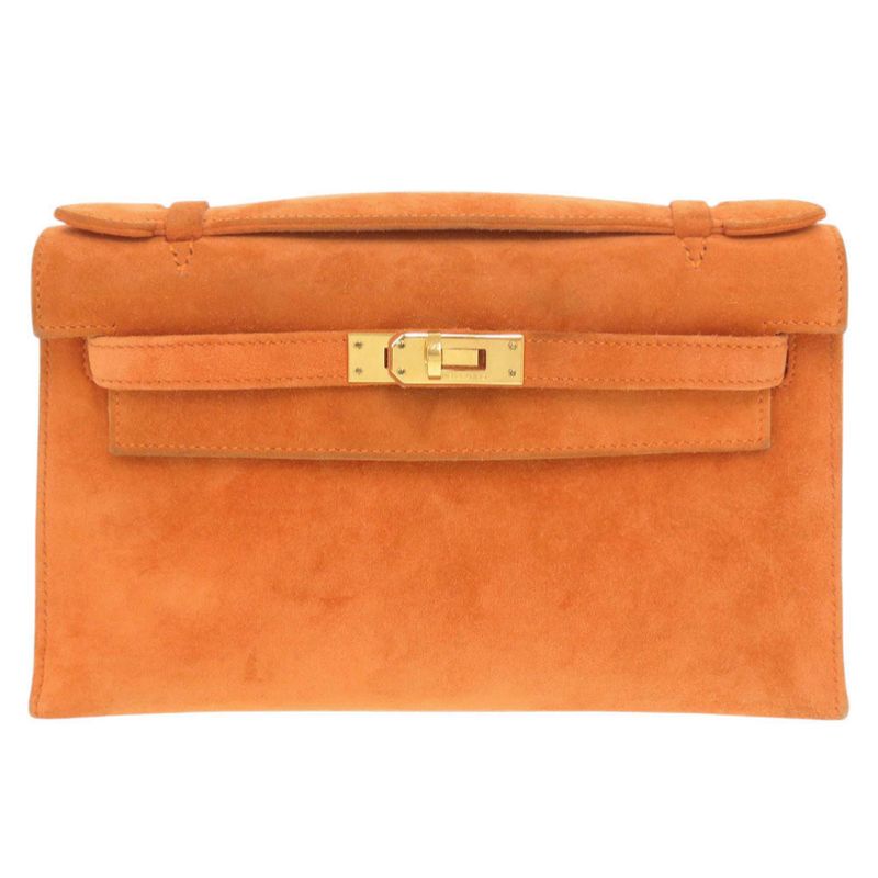 Hermes Pochette Kelly Dobris Orange I Engraved Gold Hardware Clutch Bag