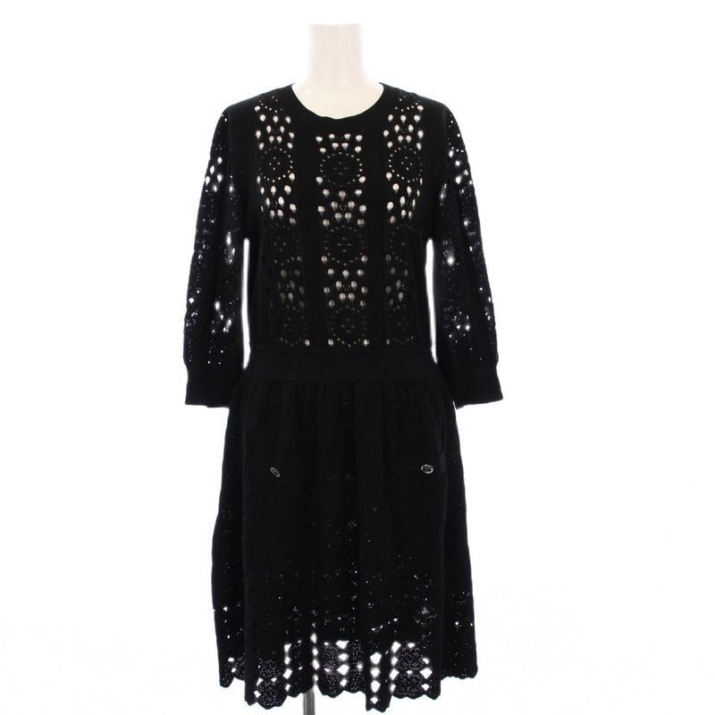 Chanel 20ss Knit Dress Knee Length 3/4 Length Sleeves Openwork 38 Black