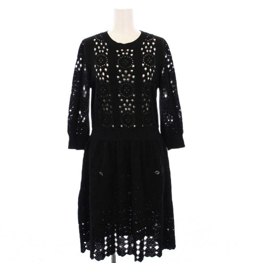 Chanel 20ss Knit Dress Knee Length 3/4 Length Sleeves Openwork 38 Black