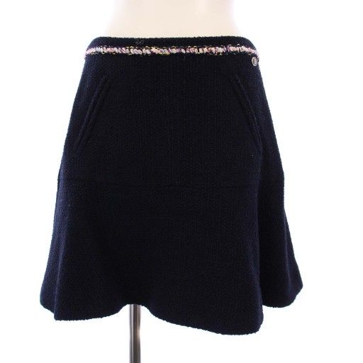 Chanel 21ss Tweed Skirt Flared Mini Coco Mark Coco Button 38 Navy Blue P70083v61