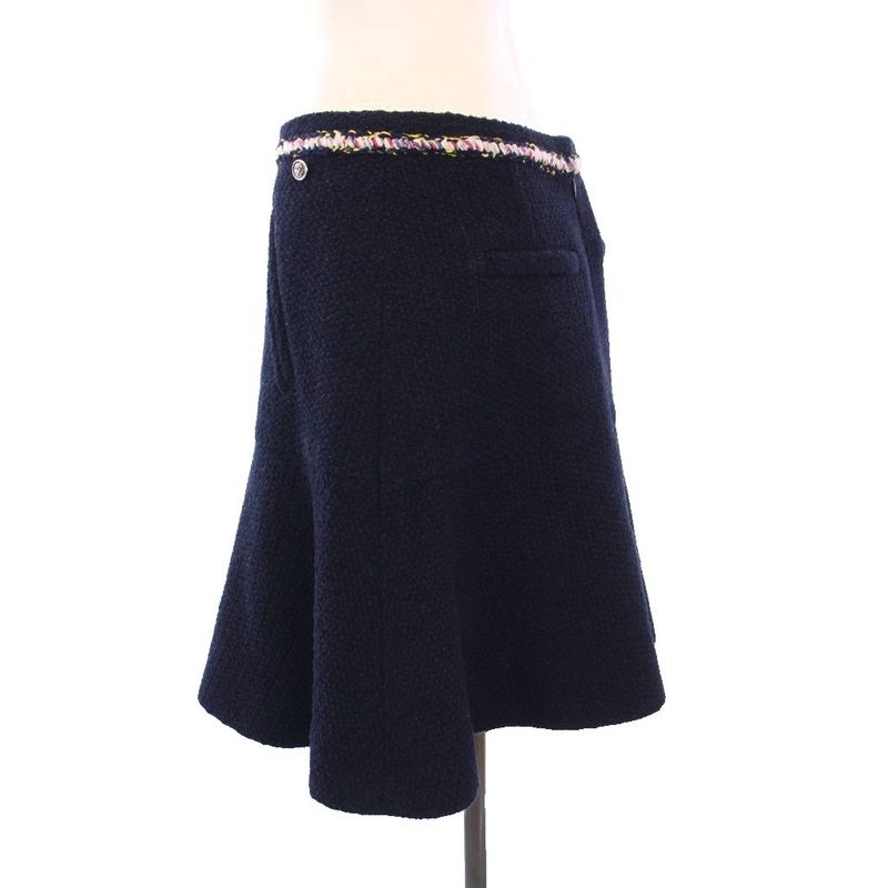 Chanel 21ss Tweed Skirt Flared Mini Coco Mark Coco Button 38 Navy Blue P70083v61