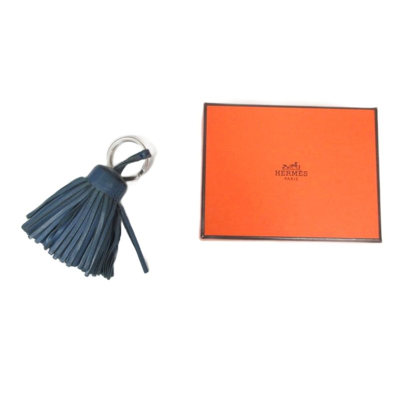Hermes Carmen Agnès Milo Bag Charm Key Holder Tassel Leather Blue Jean Silver