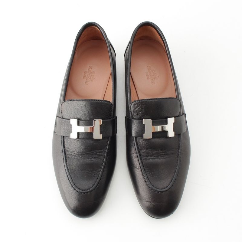 Hermes Leather Paris Constance Loafer Shoes Black 37