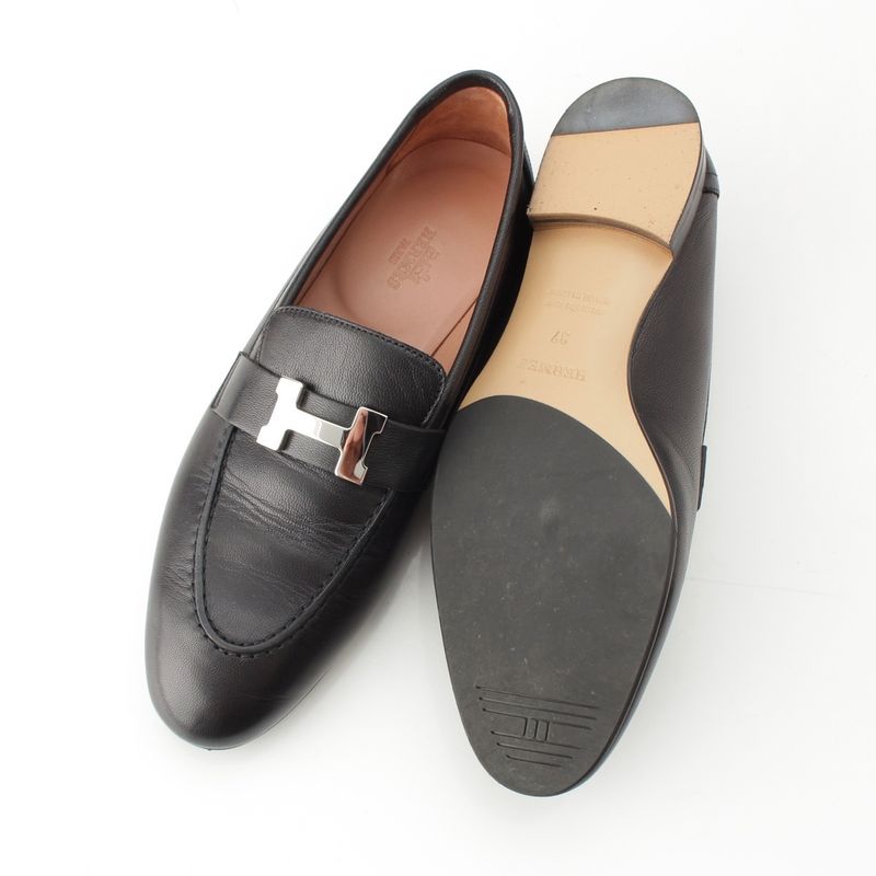 Hermes Leather Paris Constance Loafer Shoes Black 37