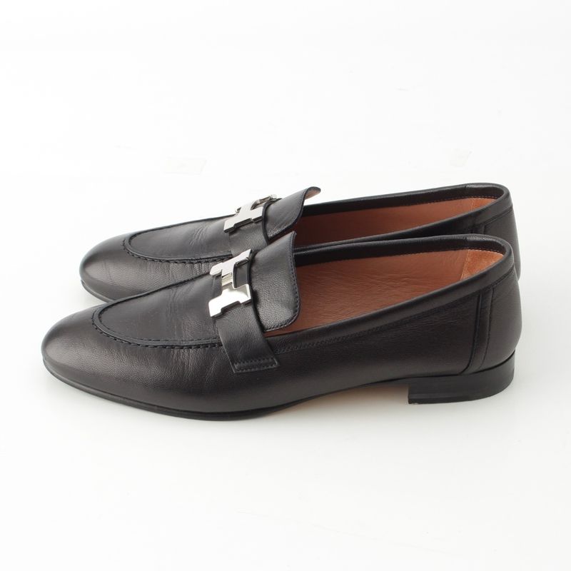 Hermes Leather Paris Constance Loafer Shoes Black 37