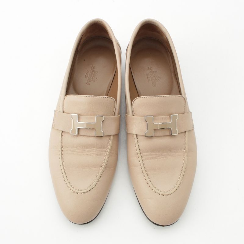 Hermes Leather Paris Constance Loafer Shoes Beige 37