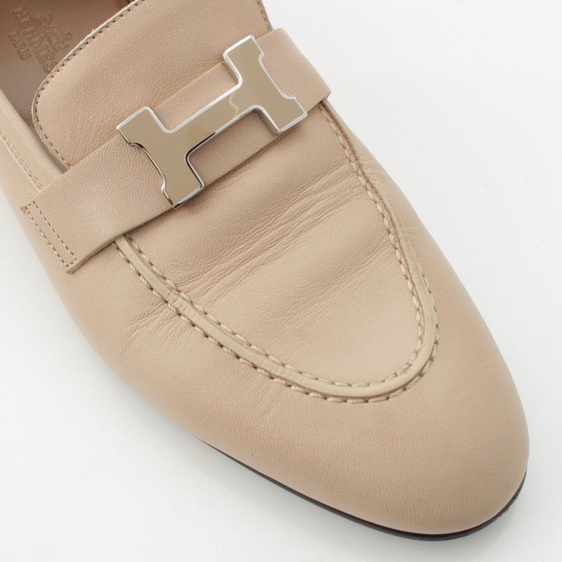 Hermes Leather Paris Constance Loafer Shoes Beige 37