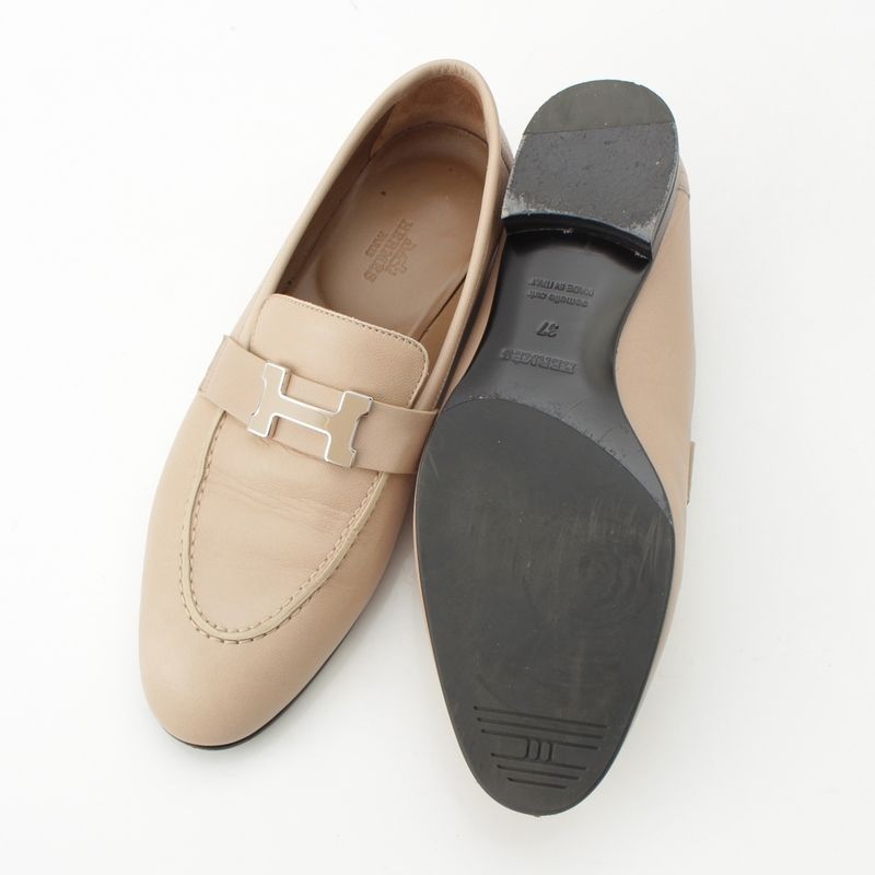 Hermes Leather Paris Constance Loafer Shoes Beige 37
