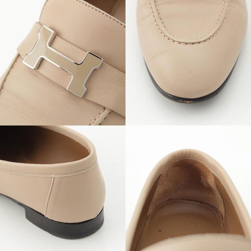 Hermes Leather Paris Constance Loafer Shoes Beige 37