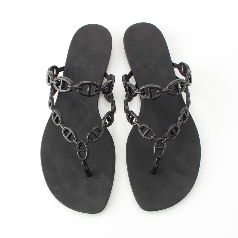 Hermes Chaine D'ancre Flip Flops Island Sandals Shoes Black 37