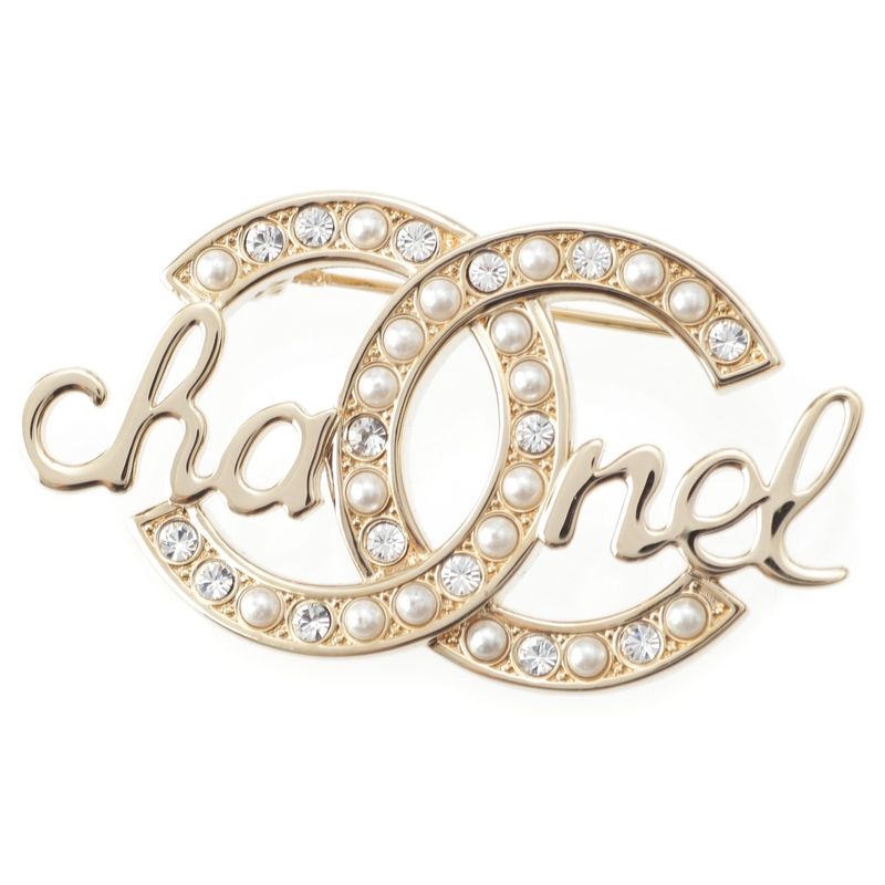 Chanel L23b GP Coco Logo Written in Gold with Pearl Stones and Logo Brooch