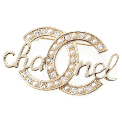 Chanel L23b GP Coco Logo Written in Gold with Pearl Stones and Logo Brooch