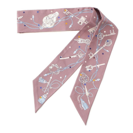 Hermes Twilly Silk Les Cles a Pois Scarf Marron Glace Gris Brown