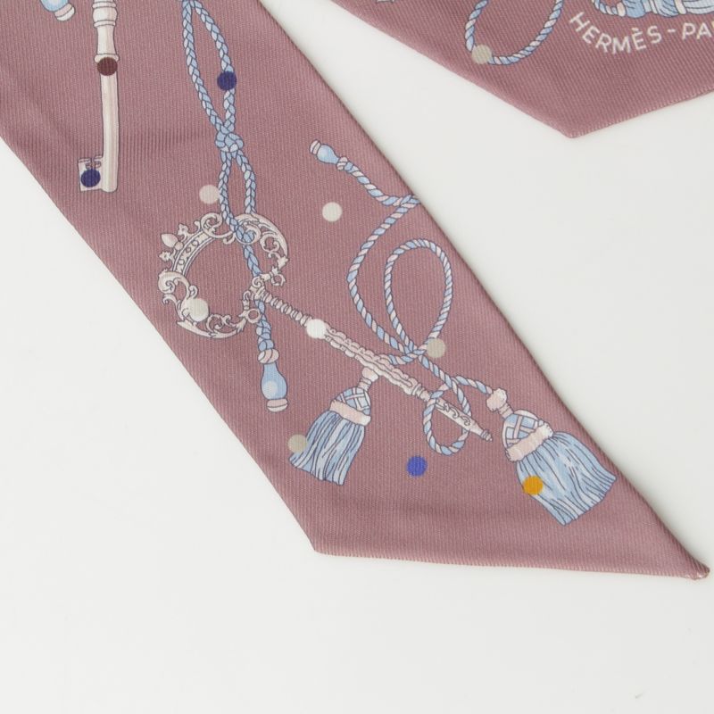 Hermes Twilly Silk Les Cles a Pois Scarf Marron Glace Gris Brown