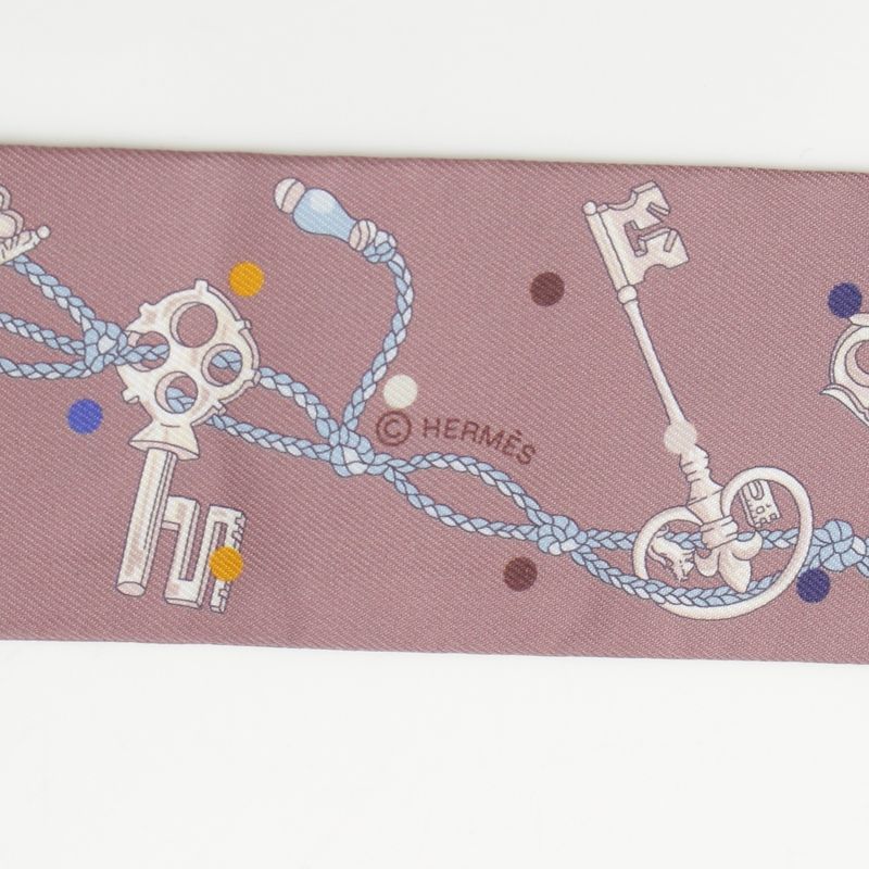 Hermes Twilly Silk Les Cles a Pois Scarf Marron Glace Gris Brown