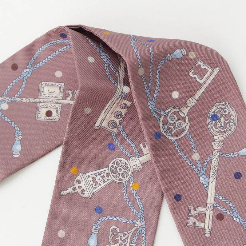 Hermes Twilly Silk Les Cles a Pois Scarf Marron Glace Gris Brown
