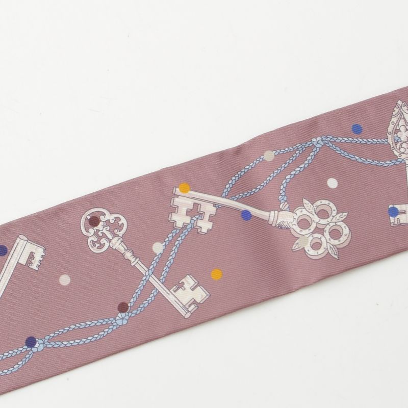 Hermes Twilly Silk Les Cles a Pois Scarf Marron Glace Gris Brown