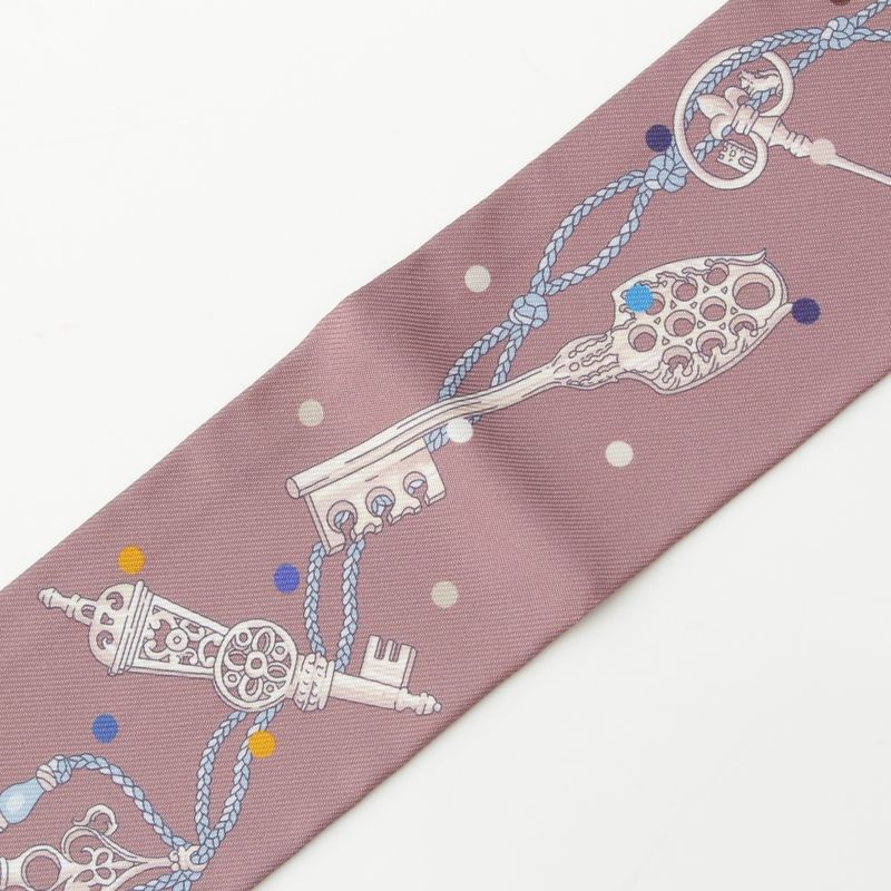 Hermes Twilly Silk Les Cles a Pois Scarf Marron Glace Gris Brown