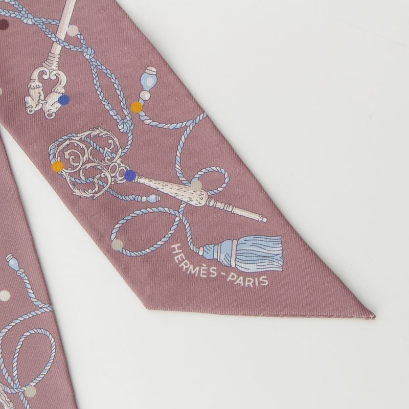 Hermes Twilly Silk Les Cles a Pois Scarf Marron Glace Gris Brown