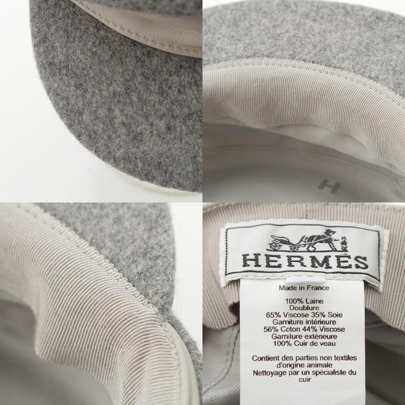 Hermes Wool Cowhide Cotton Silk Serie Button Casket Hat Gray 56