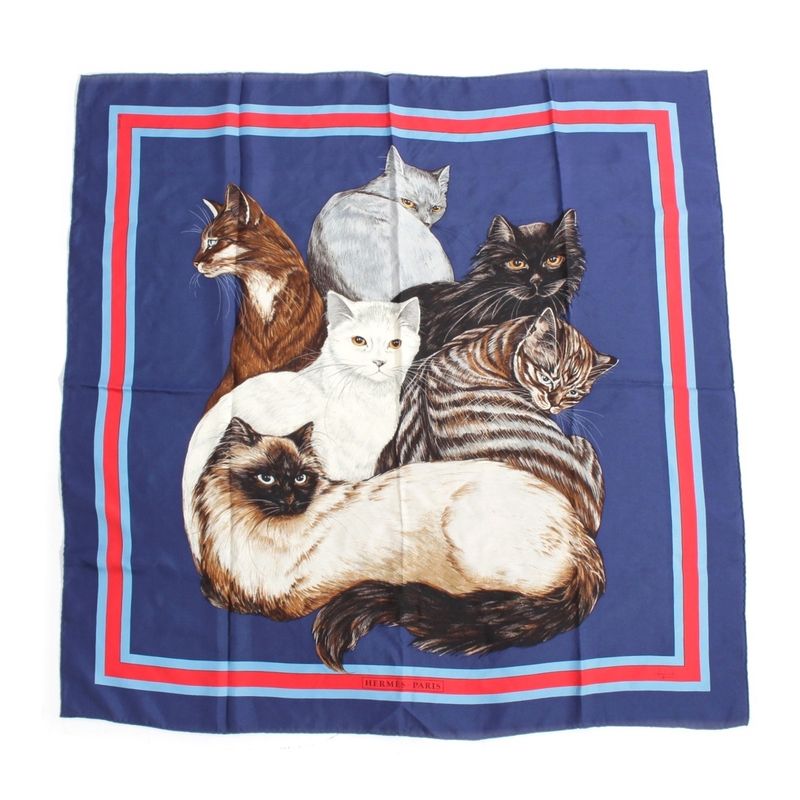 Hermes Carre 90 Silk Les Chats Les Chats Vintage Cat Scarf Blue