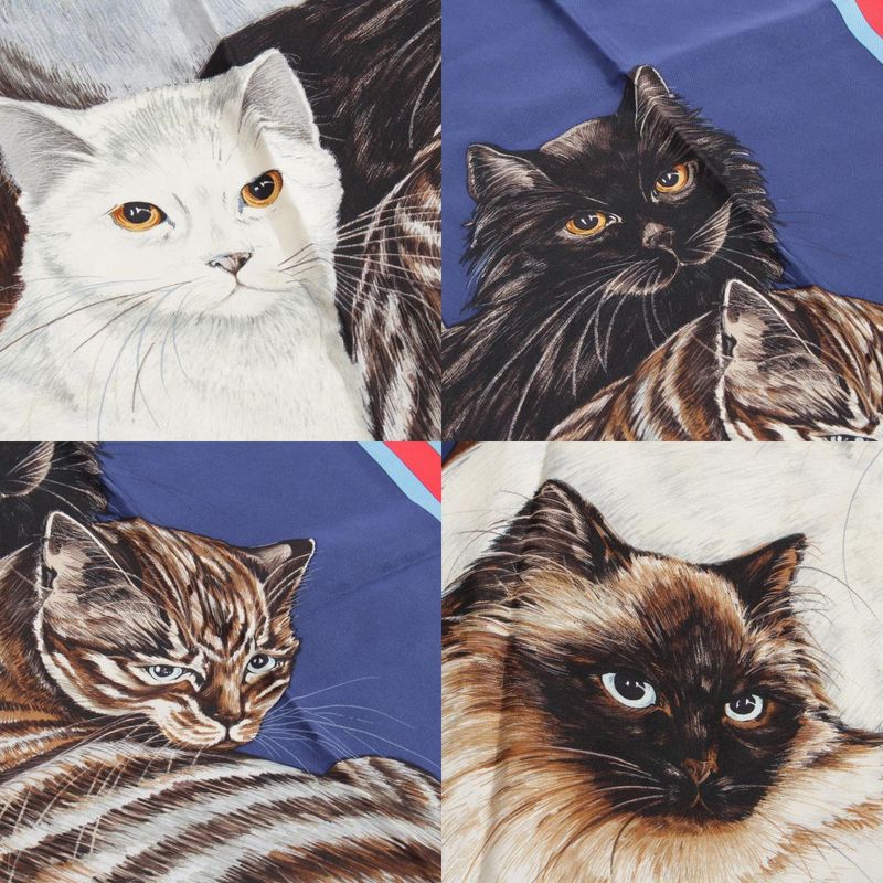 Hermes Carre 90 Silk Les Chats Les Chats Vintage Cat Scarf Blue