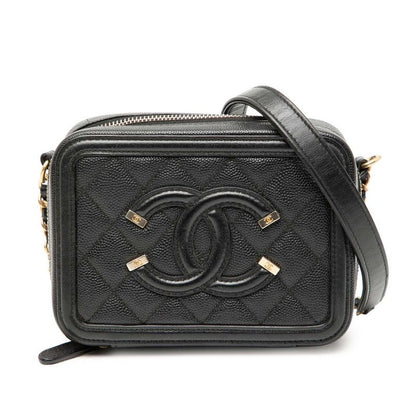 Chanel Matelasse CC Filigree Chain Wallet Shoulder Bag Black Caviar Skin Women