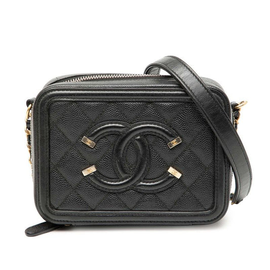 Chanel Matelasse CC Filigree Chain Wallet Shoulder Bag Black Caviar Skin Women