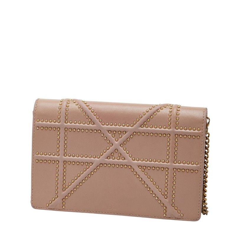Dior Studs Dior Ama Crossbody Chain Wallet Shoulder Bag Pink Beige Leather