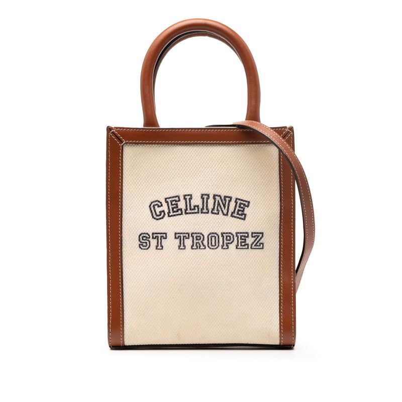 Celine Saint Tropez Mini Vertical Handbag Shoulder Bag 2way Ivory Brown Canvas