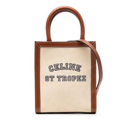 Celine Saint Tropez Mini Vertical Handbag Shoulder Bag 2way Ivory Brown Canvas