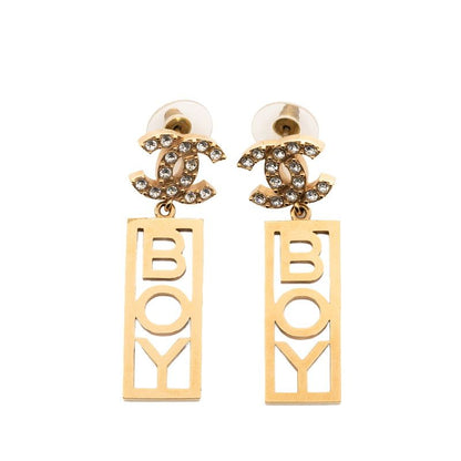 Chanel Coco Mark Boy Stud Earrings Gold Plated Rhinestone Ladies Chanel