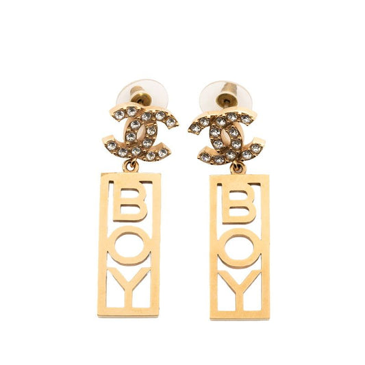 Chanel Coco Mark Boy Stud Earrings Gold Plated Rhinestone Ladies Chanel