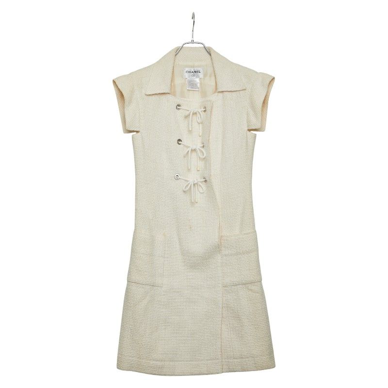 Chanel Tweed Dress Size: 34 P29946v16012 White Cotton Silk Linen Women's Chanel