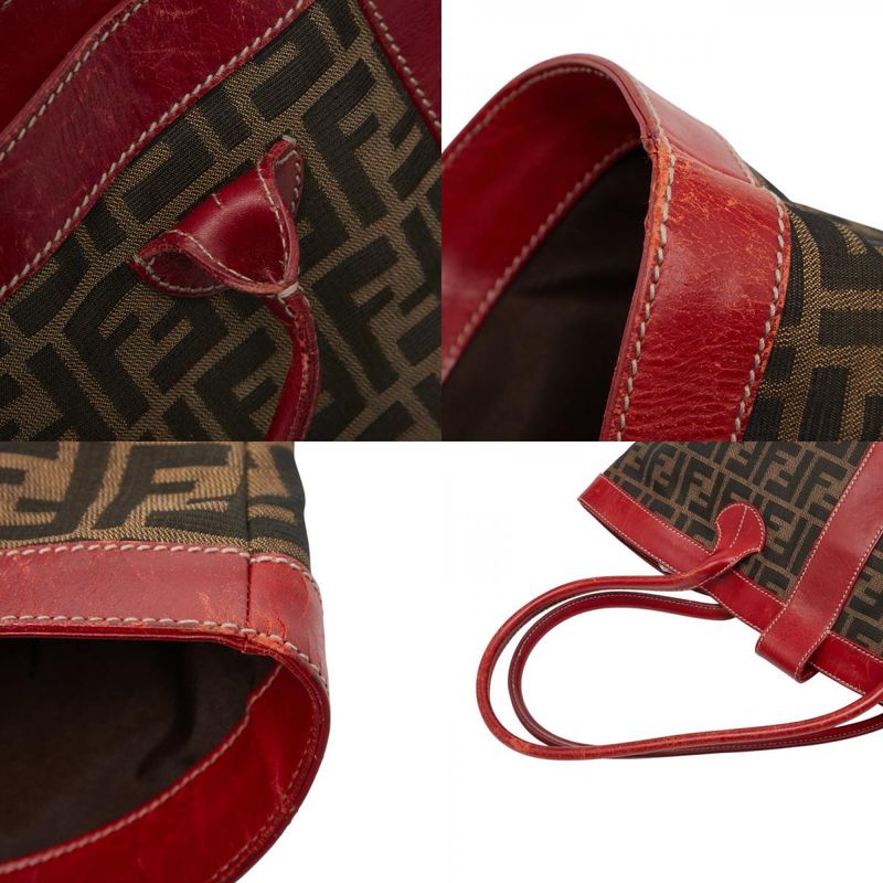 Fendi Zucca Tote Handbag Brown Red Canvas Leather Women's Fendi