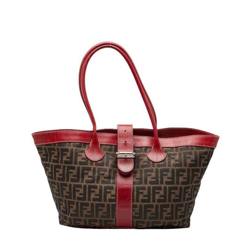 Fendi Zucca Tote Handbag Brown Red Canvas Leather Women's Fendi