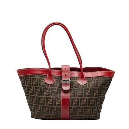 Fendi Zucca Tote Handbag Brown Red Canvas Leather Women's Fendi