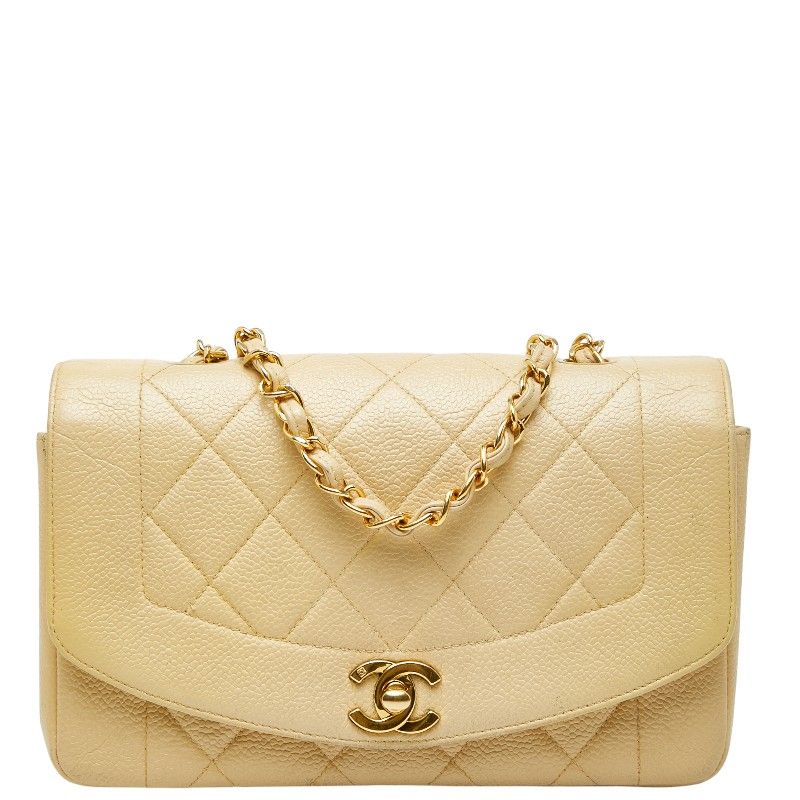 Chanel Matelasse Coco Mark Diana Crossbody Chain Shoulder Bag Beige Caviar Skin