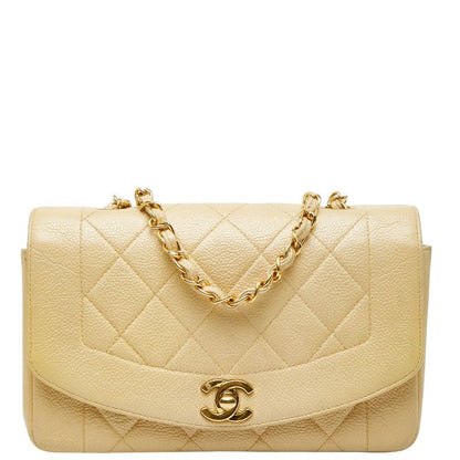 Chanel Matelasse Coco Mark Diana Crossbody Chain Shoulder Bag Beige Caviar Skin