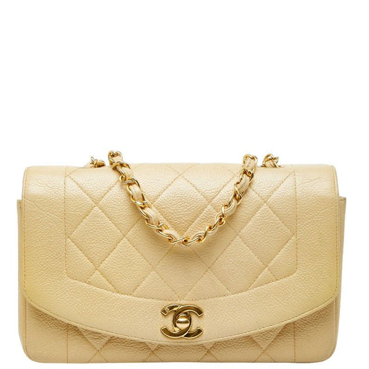Chanel Matelasse Coco Mark Diana Crossbody Chain Shoulder Bag Beige Caviar Skin