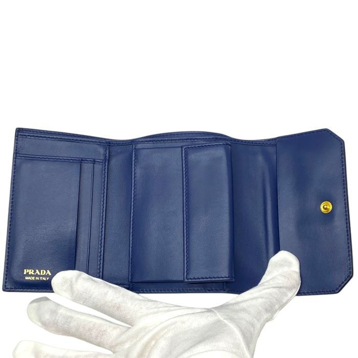Prada Vitello Move Co Trifold Wallet Fold Wallet Leather Logo Gold Blue Bicolor